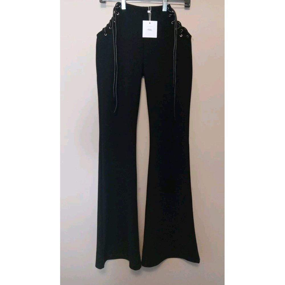 Adika Women Black Hip Tie Cutout Clubwear Bell Bottom Pants Size XS